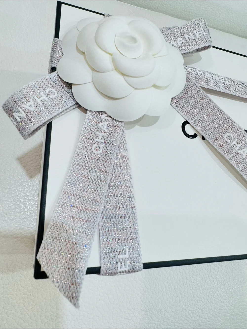 CHANEL White and Gray silver Ribboned Gift Box with Camellia